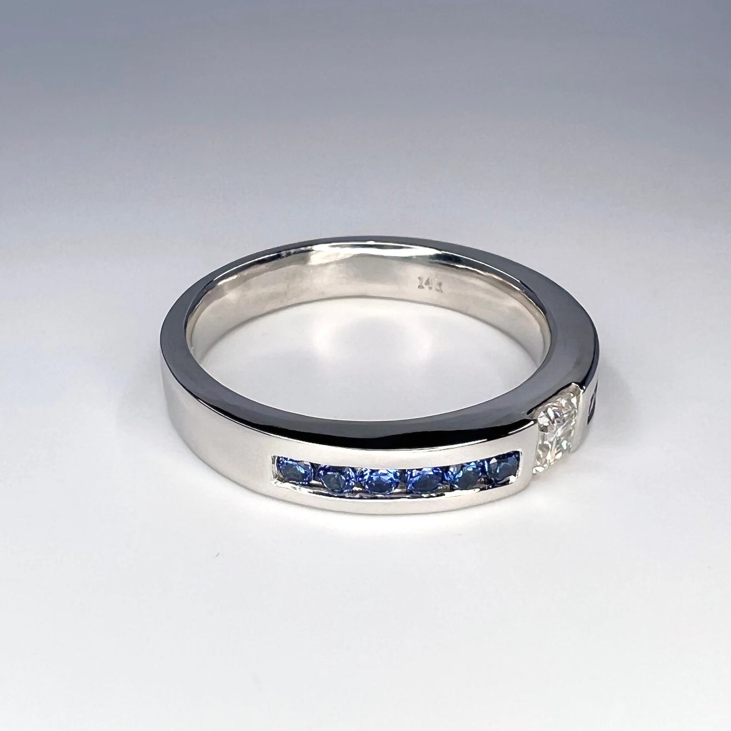 Mens Moissanite and Blue Sapphire Wedding Band 14K Solid Gold Mens White Gold Wedding Band, Wide Wedding Band, Blue Sapphire Mens Band #8183
