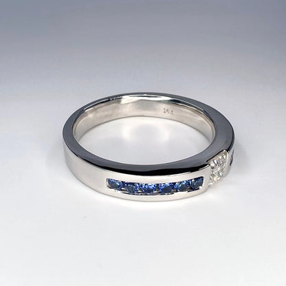 Mens Moissanite and Blue Sapphire Wedding Band 14K Solid Gold Mens White Gold Wedding Band, Wide Wedding Band, Blue Sapphire Mens Band #8183