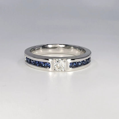 Mens Moissanite and Blue Sapphire Wedding Band 14K Solid Gold Mens White Gold Wedding Band, Wide Wedding Band, Blue Sapphire Mens Band #8183
