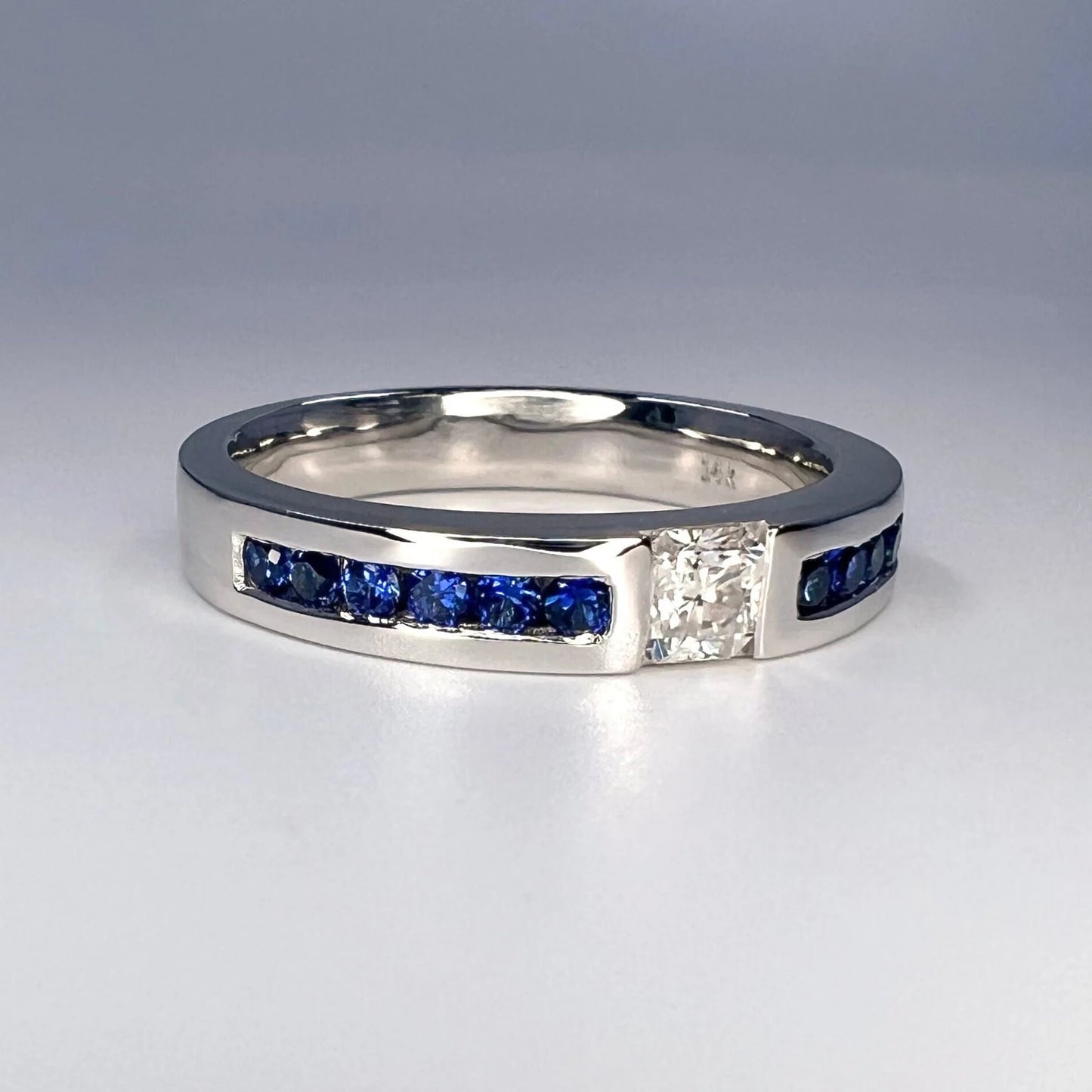 Mens Moissanite and Blue Sapphire Wedding Band 14K Solid Gold Mens White Gold Wedding Band, Wide Wedding Band, Blue Sapphire Mens Band #8183
