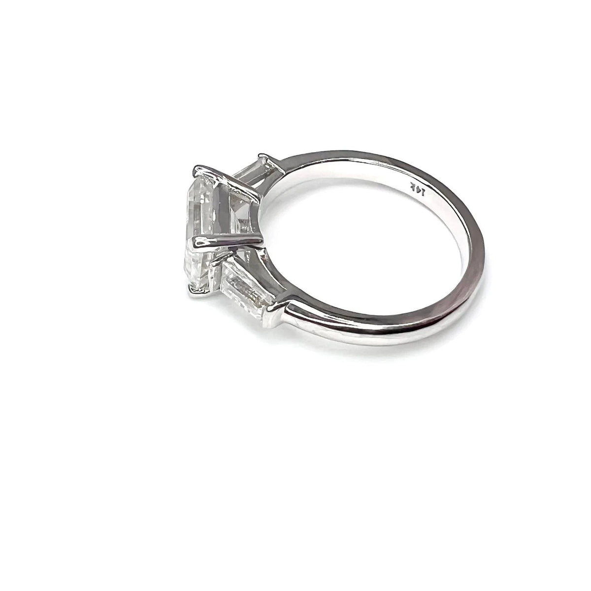 East to West Emerald Cut Moissanite Engagement Ring With Tapered Baguette Diamond Side Stones in 14K Solid White Gold, or Yellow Gold #8114