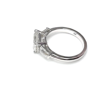 East to West Emerald Cut Moissanite Engagement Ring With Tapered Baguette Diamond Side Stones in 14K Solid White Gold, or Yellow Gold #8114