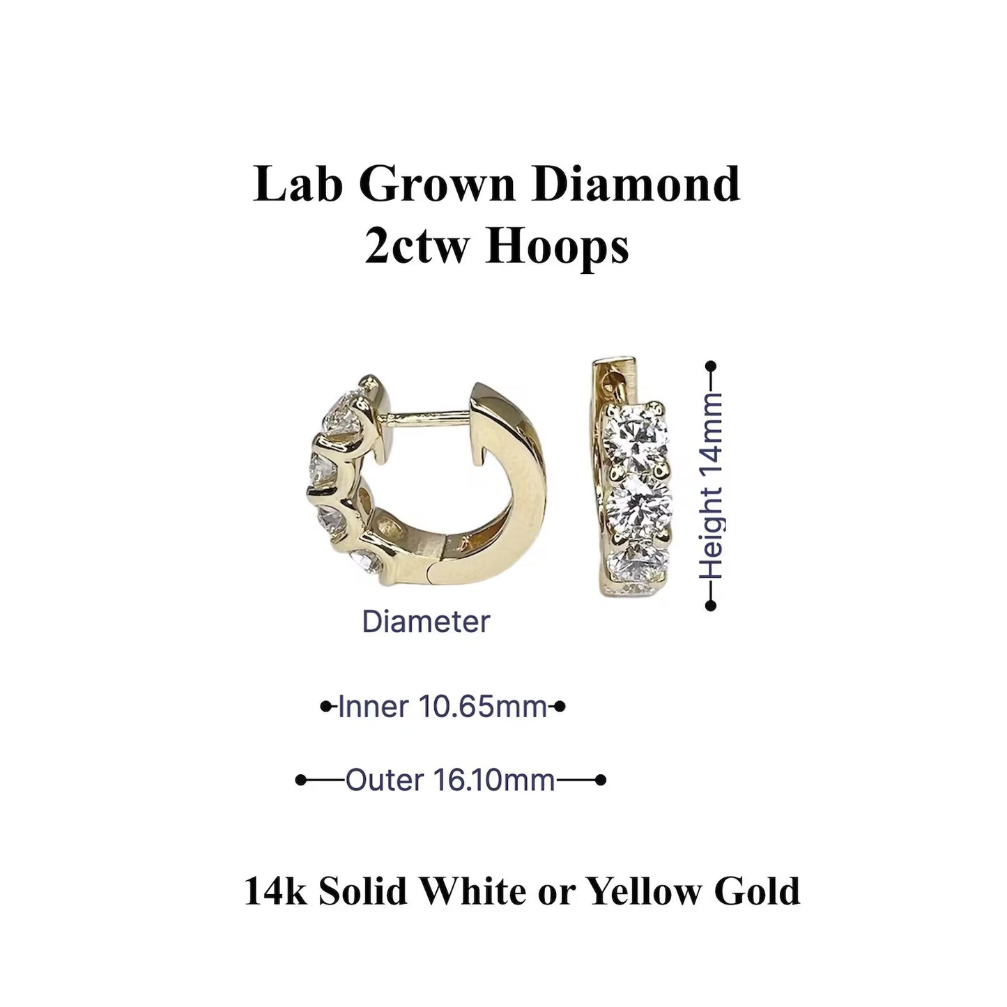 2.00 CTW Lab Grown Diamond Hoop Earrings , Diamond Hoop Earrings , 14k Gold Huggie Small Hoops Unisex Minimalist Everyday Earrings , #8350