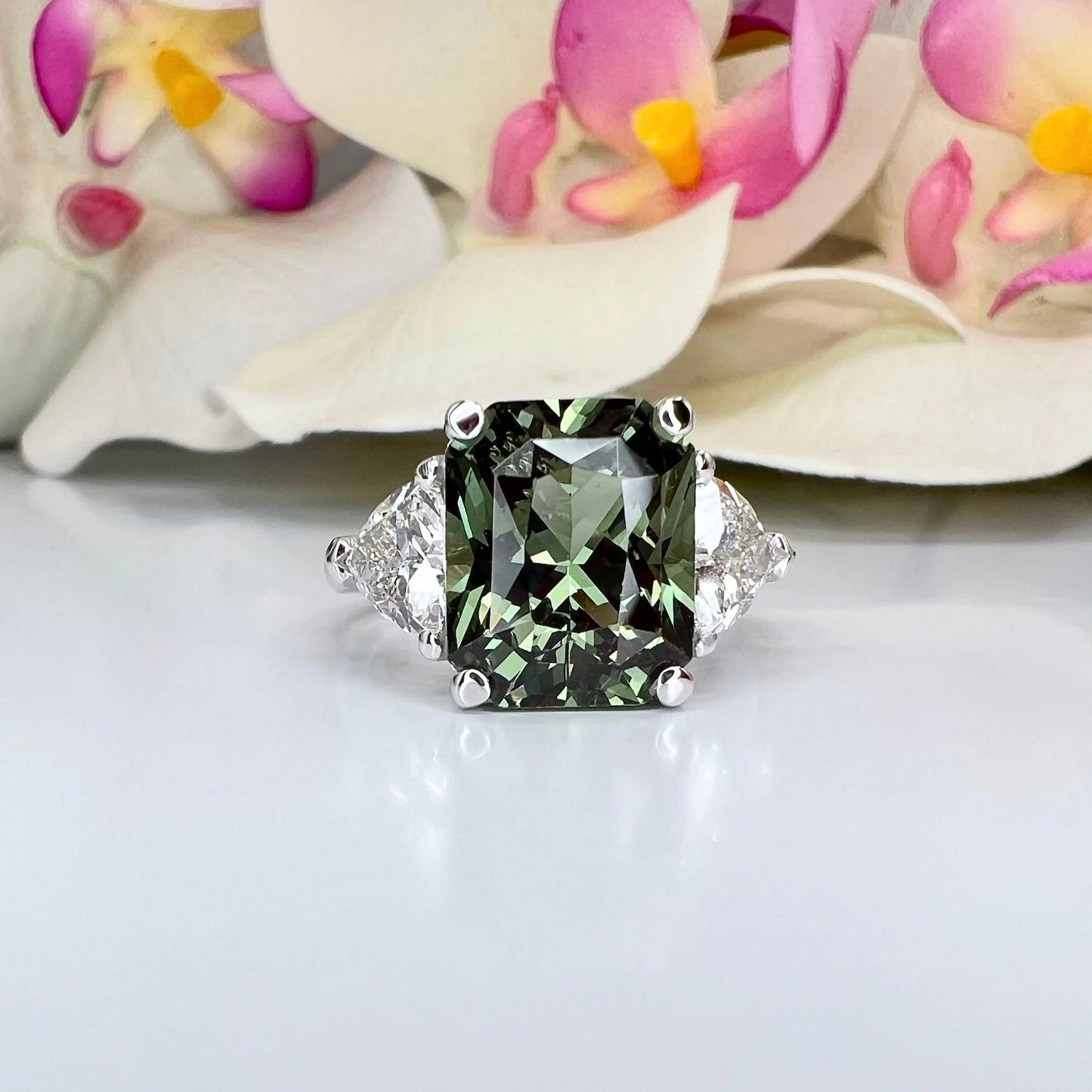 Radiant Cut Olive Green Sapphire Engagement Ring With Trillion Moissanite Accents 14k Solid Gold Three Stone Unique Olive Green Ring #8480