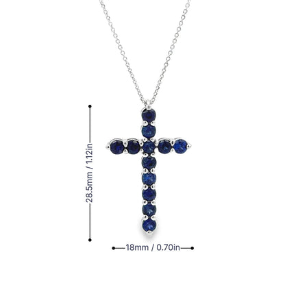 Cross Necklace / Round Blue sapphire Necklace / Pendants / 14k White Gold