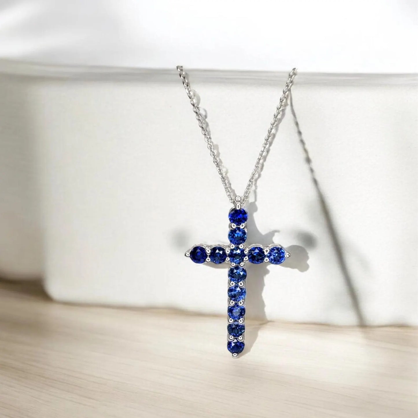 Cross Necklace / Round Blue sapphire Necklace / Pendants / 14k White Gold