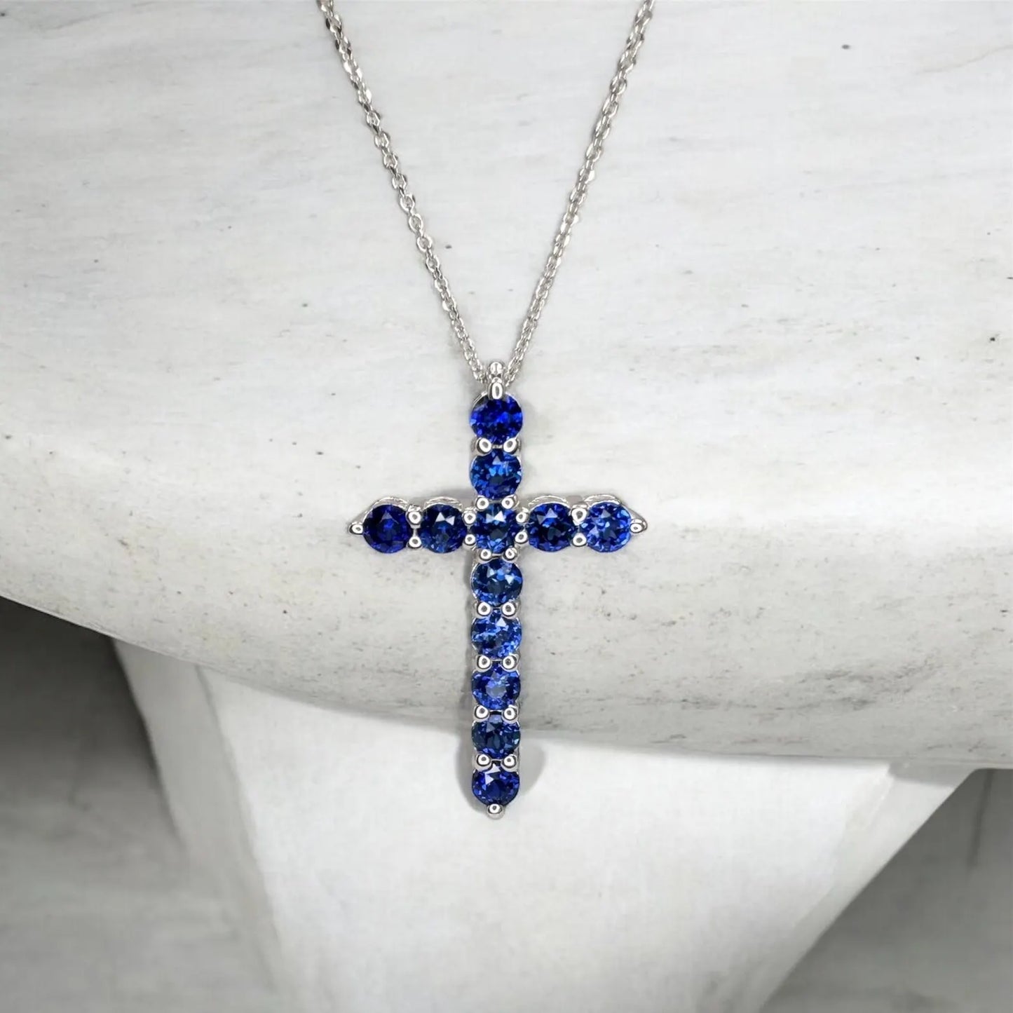 Cross Necklace / Round Blue sapphire Necklace / Pendants / 14k White Gold