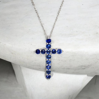 Cross Necklace / Round Blue sapphire Necklace / Pendants / 14k White Gold