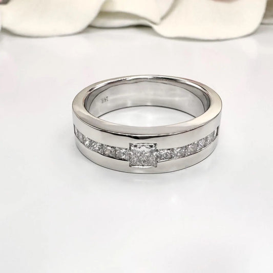 Mens Diamond Wedding Band Unique 14K solid Gold , Princess Cut Lab Diamond Mens Band #8650