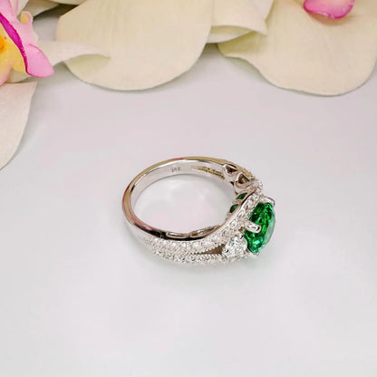 Round Emerald Engagement Ring 14K Solid Gold , Three Stone Emerald and Lab Diamond Ring #8643