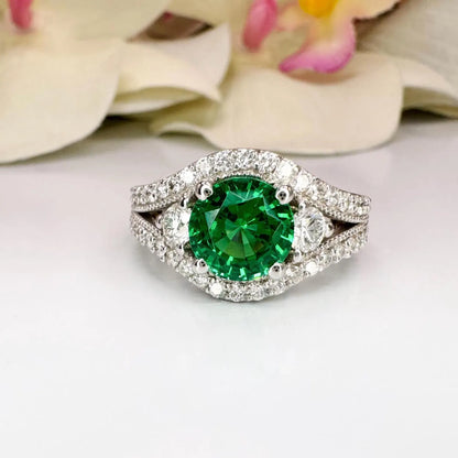 Round Emerald Engagement Ring 14K Solid Gold , Three Stone Emerald and Lab Diamond Ring #8643