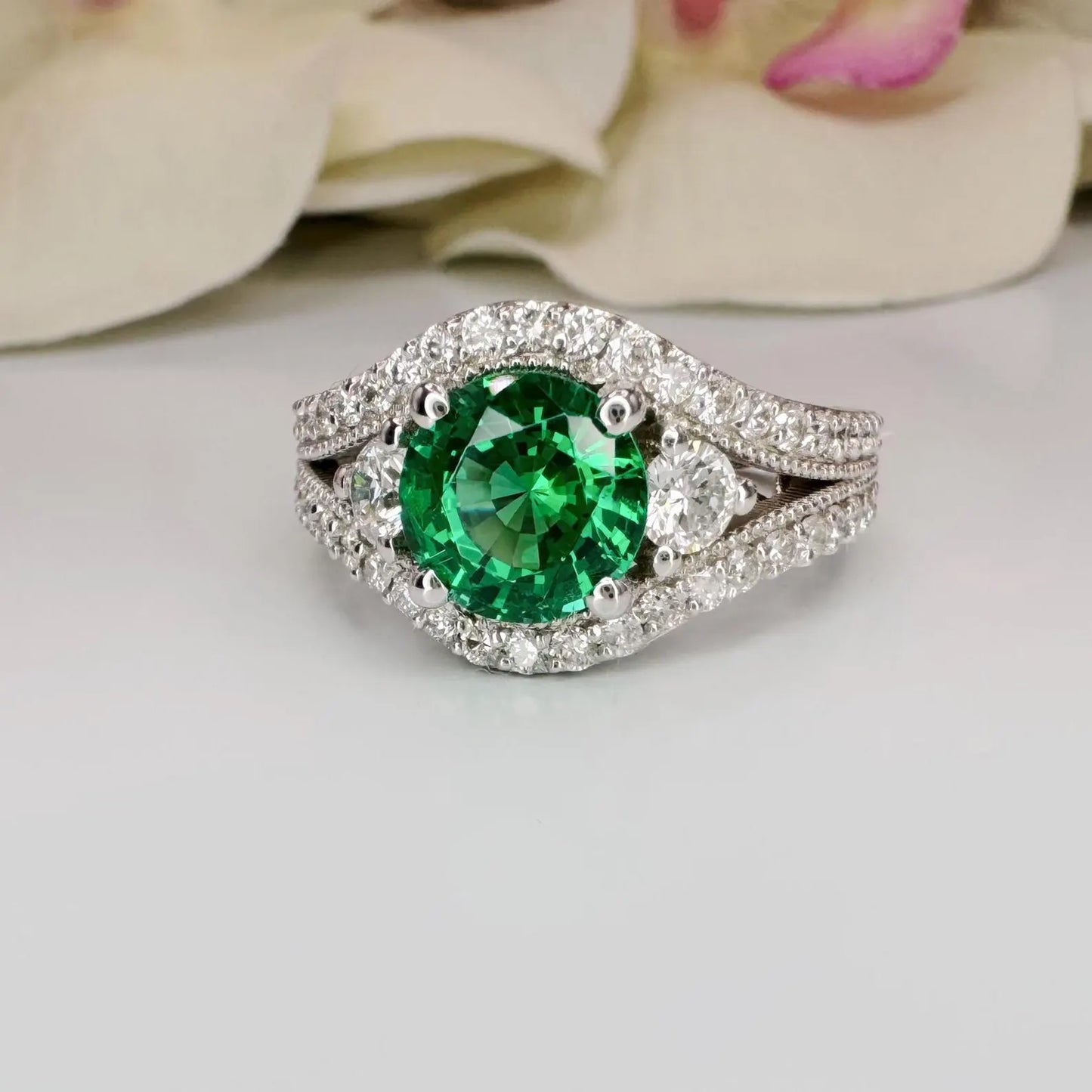 Round Emerald Engagement Ring 14K Solid Gold , Three Stone Emerald and Lab Diamond Ring #8643