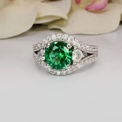 Round Emerald Engagement Ring 14K Solid Gold , Three Stone Emerald and Lab Diamond Ring #8643