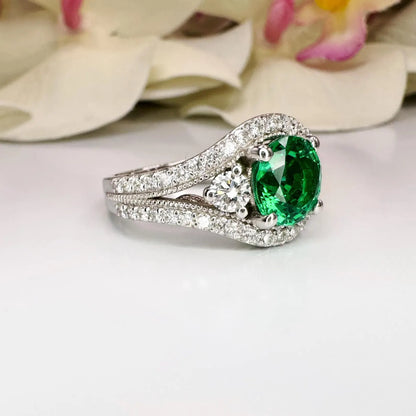 Round Emerald Engagement Ring 14K Solid Gold , Three Stone Emerald and Lab Diamond Ring #8643