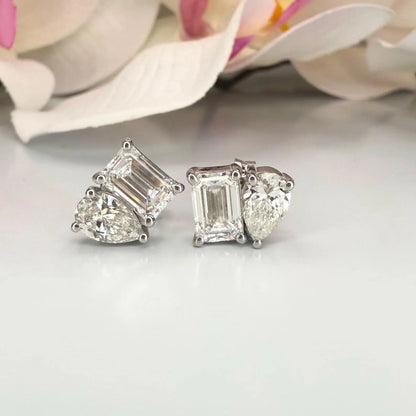 14k Gold Diamond Earrings – Toi Et Moi Pear & Emerald Shape Studs 2 CTW