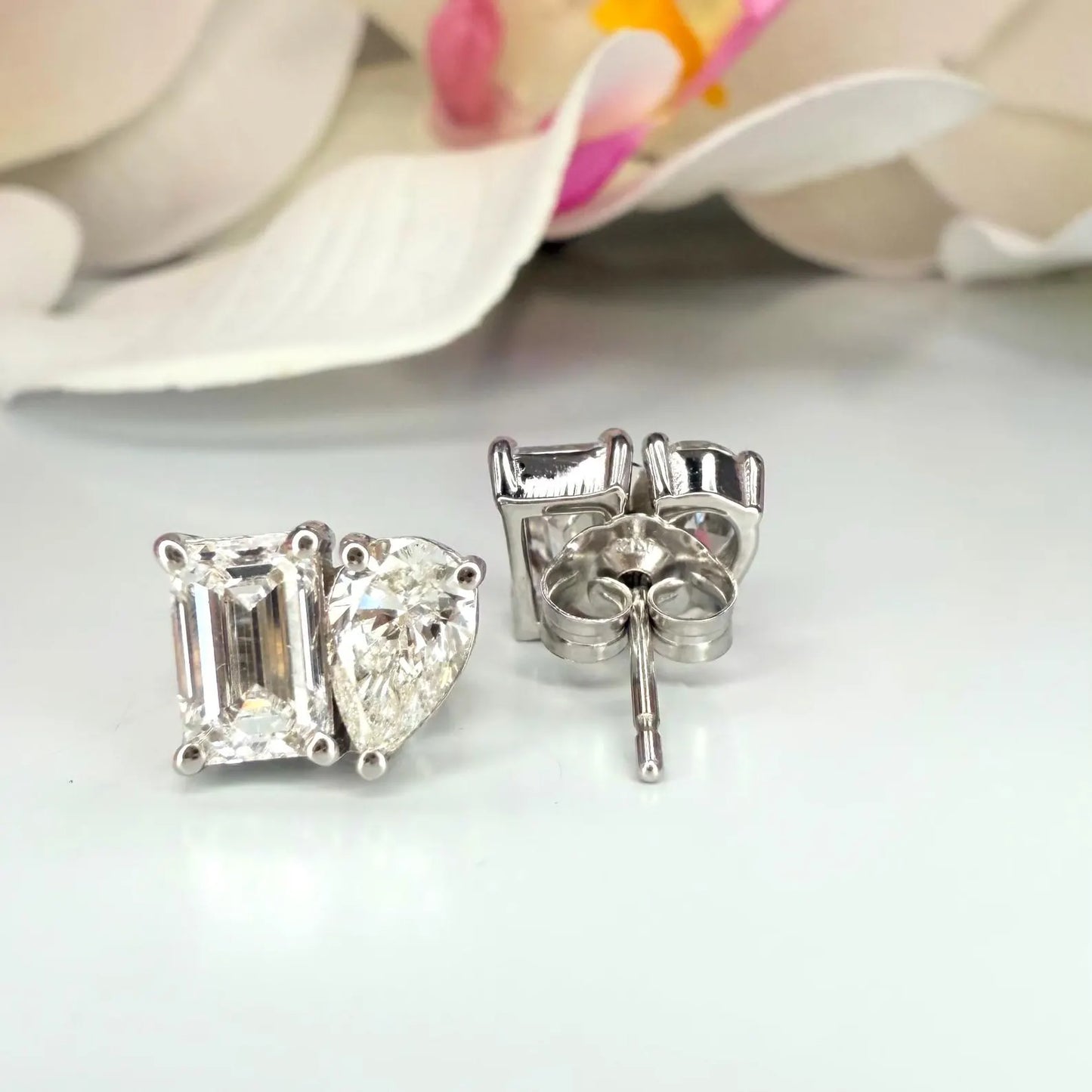 14k Gold Diamond Earrings – Toi Et Moi Pear & Emerald Shape Studs 2 CTW