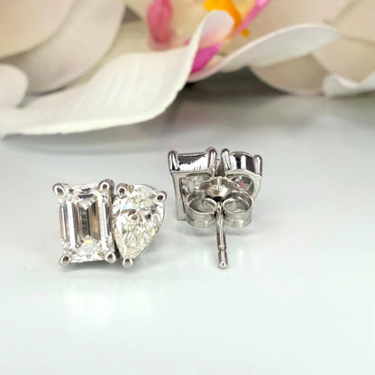 14k Gold Diamond Earrings – Toi Et Moi Pear & Emerald Shape Studs 2 CTW