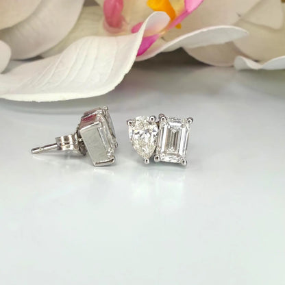 14k Gold Diamond Earrings – Toi Et Moi Pear & Emerald Shape Studs 2 CTW