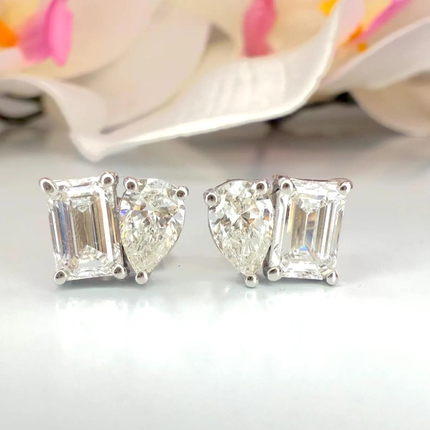 14k Gold Diamond Earrings – Toi Et Moi Pear & Emerald Shape Studs 2 CTW
