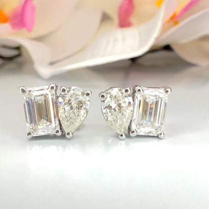 14k Gold Diamond Earrings – Toi Et Moi Pear & Emerald Shape Studs 2 CTW