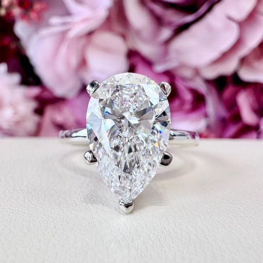 4.00CTW Large Pear Shaped Lab Grown Diamond Solitaire Engagement Ring 14K Gold, 5 Prong Pear Cut Wedding Ring, IGI Certified Diamond, #8748