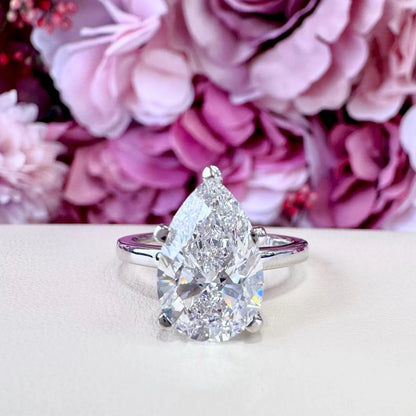 4.00CTW Large Pear Shaped Lab Grown Diamond Solitaire Engagement Ring 14K Gold, 5 Prong Pear Cut Wedding Ring, IGI Certified Diamond, #8748