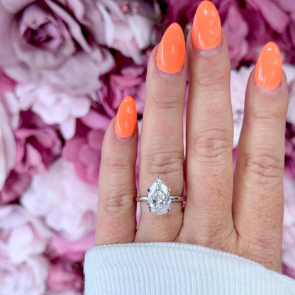 4.00CTW Large Pear Shaped Lab Grown Diamond Solitaire Engagement Ring 14K Gold, 5 Prong Pear Cut Wedding Ring, IGI Certified Diamond, #8748