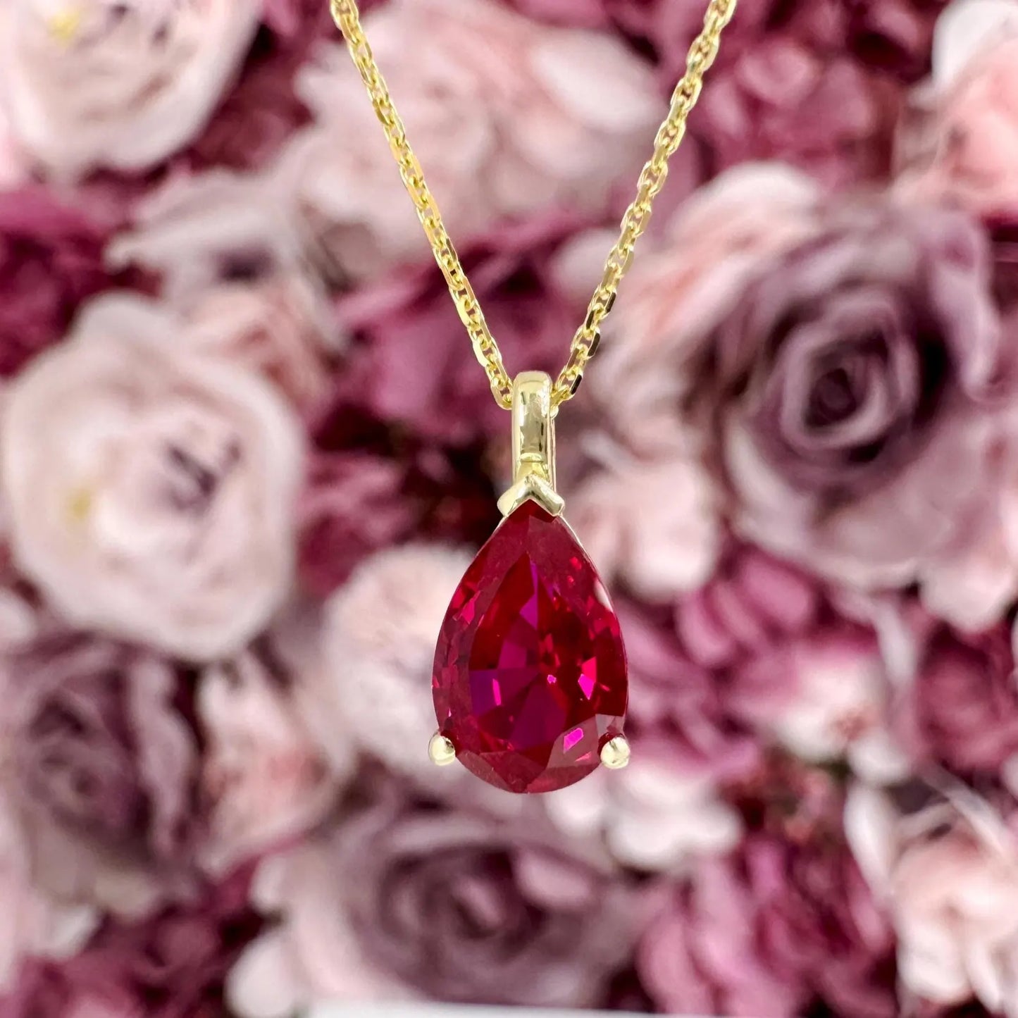 14K Gold Teardrop Ruby Necklace , Pear Shape Ruby Pendant , Teardrop Ruby Pendant Necklace with Chain , July Birthstone Jewelry , #8821