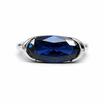 Elongated Oval Blue Sapphire East West Ring  White Gold Bezel Set Statement Ring For Women Unique  Engagement Promise Anniversary Ring  7433