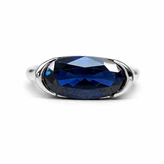 Elongated Oval Blue Sapphire East West Ring  White Gold Bezel Set Statement Ring For Women Unique  Engagement Promise Anniversary Ring  7433