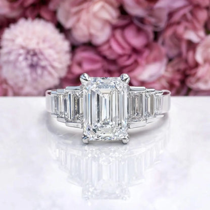 3.30 CTW 7 Stone Lab Diamond Emerald Cut Engagement Ring , Emerald Cut & Graduated Baguette Diamond Ring #8812