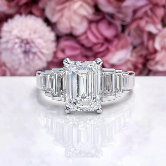 3.30 CTW 7 Stone Lab Diamond Emerald Cut Engagement Ring , Emerald Cut & Graduated Baguette Diamond Ring #8812