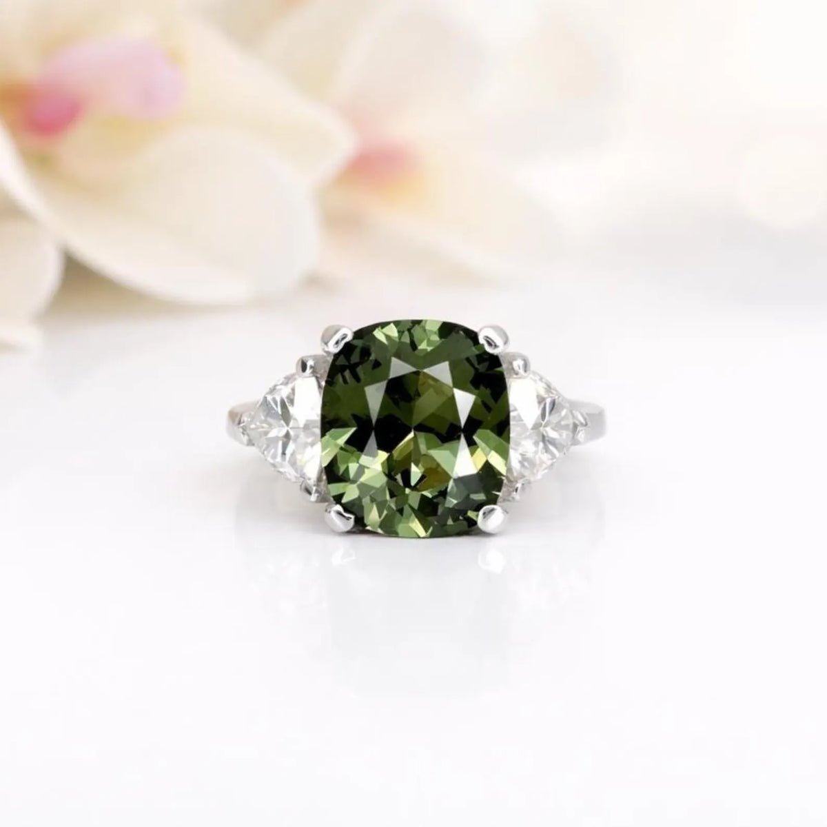 Olive Green Sapphire Engagement Ring 14K Gold , Unique Elongated Cushion Cut Olive Green Sapphire Anniversary Ring , Three Stone Ring  #7345