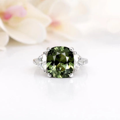 Olive Green Sapphire Engagement Ring 14K Gold , Unique Elongated Cushion Cut Olive Green Sapphire Anniversary Ring , Three Stone Ring  #7345