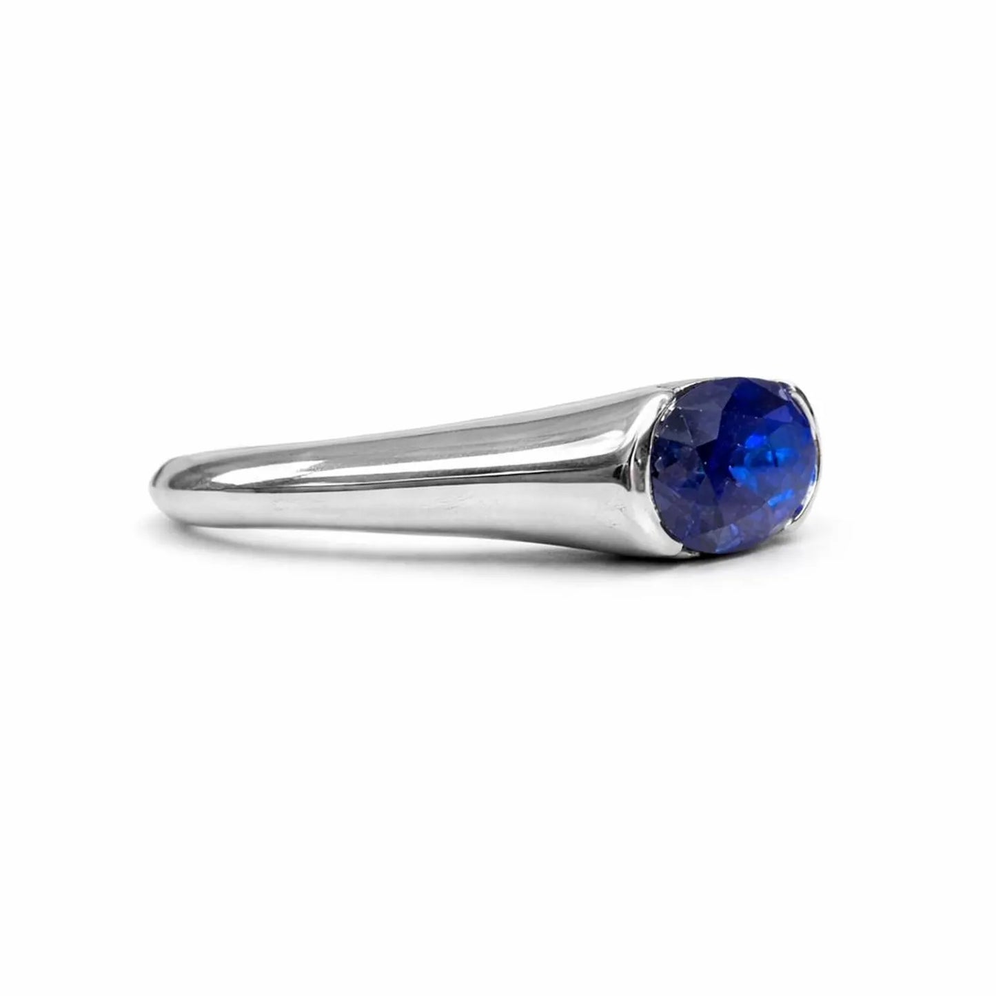 Elongated Oval Blue Sapphire East West Ring  White Gold Bezel Set Statement Ring For Women Unique  Engagement Promise Anniversary Ring  7433