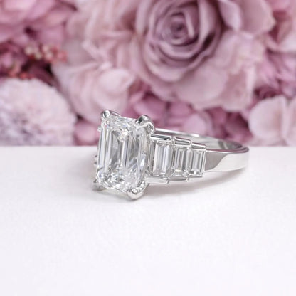 3.30 CTW 7 Stone Lab Diamond Emerald Cut Engagement Ring , Emerald Cut & Graduated Baguette Diamond Ring #8812