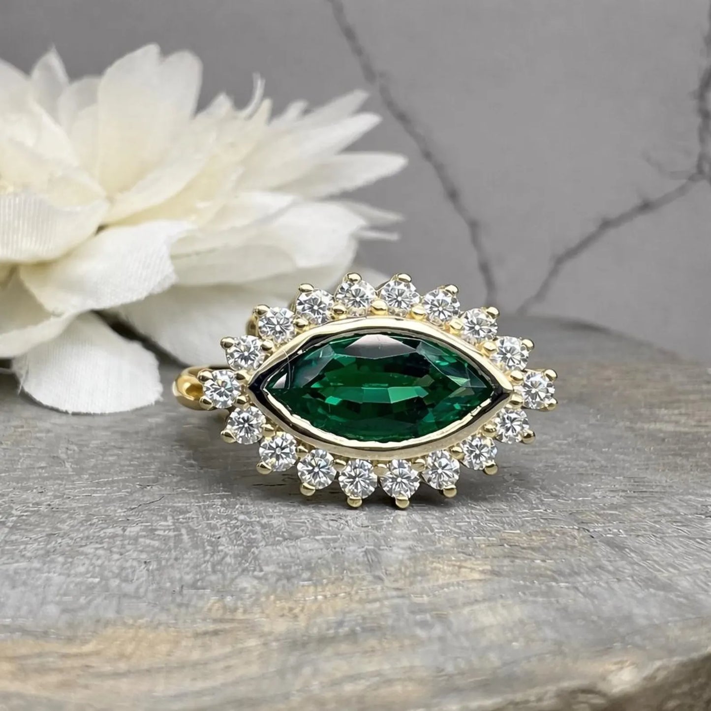 Evil Eye Ring Yellow Gold Marquis Cut Evil Eye Ring Women Unique Emerald East West Marquis Ring #7351