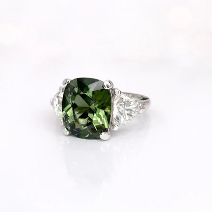 Olive Green Sapphire Engagement Ring 14K Gold , Unique Elongated Cushion Cut Olive Green Sapphire Anniversary Ring , Three Stone Ring  #7345
