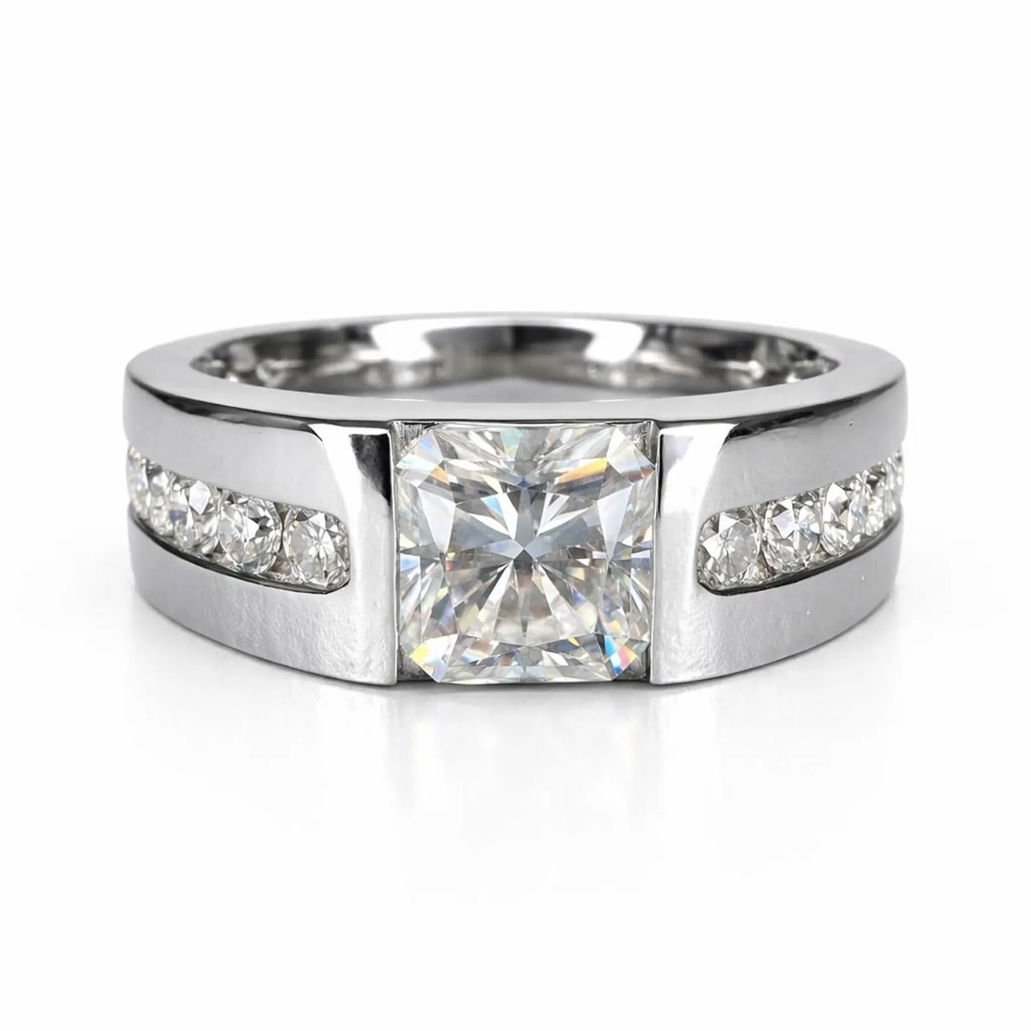 Mens Radiant Cut Moissanite Wedding Band White Gold, Classic Mans Wedding Band Comfort Fit, Mens Wedding Band White Gold Promise Ring, #7649