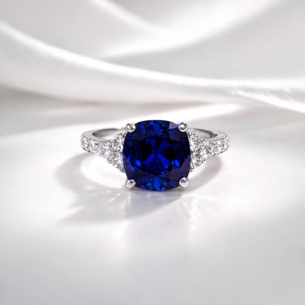 Blue Sapphire Ring 14K White Gold, September Birthstone Wedding Ring, Cushion Cut Blue Sapphire Engagement Ring, Unique Sapphire Ring