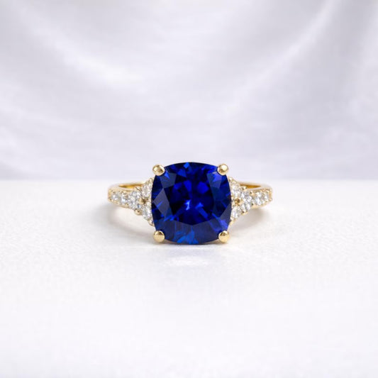 Blue Sapphire Ring 14K White Gold, September Birthstone Wedding Ring, Cushion Cut Blue Sapphire Engagement Ring, Unique Sapphire Ring