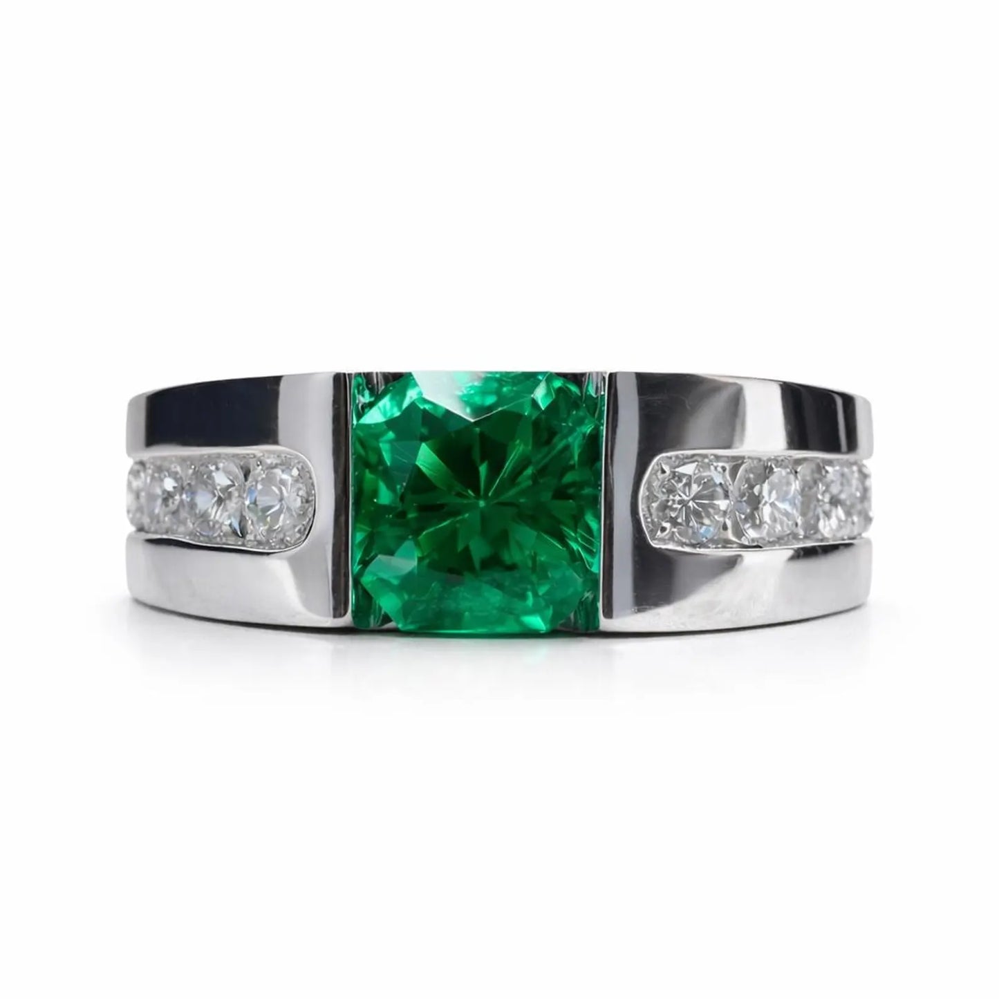 Mens Emerald and Moissanite Wedding Band White Gold, Classic Mans Wedding Band Comfort Fit, Mens Diamond Wedding Band Gold Promise Ring 7512