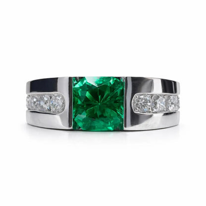 Mens Emerald and Moissanite Wedding Band White Gold, Classic Mans Wedding Band Comfort Fit, Mens Diamond Wedding Band Gold Promise Ring 7512