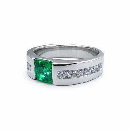 Mens Emerald and Moissanite Wedding Band White Gold, Classic Mans Wedding Band Comfort Fit, Mens Diamond Wedding Band Gold Promise Ring 7512