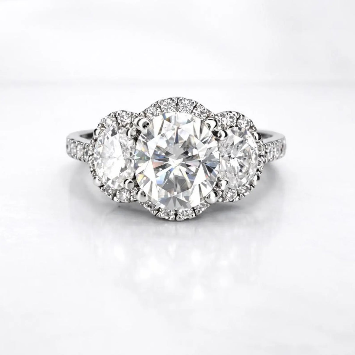 Oval Moissanite Engagement Ring White Gold Three Stone Oval Halo Moissanite Engagement Unique Vintage Wedding Promise Anniversary Ring #7372