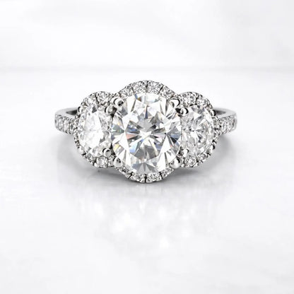 Oval Moissanite Engagement Ring White Gold Three Stone Oval Halo Moissanite Engagement Unique Vintage Wedding Promise Anniversary Ring #7372