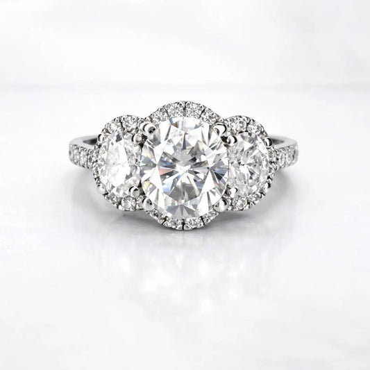 Oval Moissanite Engagement Ring White Gold Three Stone Oval Halo Moissanite Engagement Unique Vintage Wedding Promise Anniversary Ring #7372