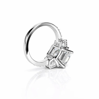 Emerald Cut Moissanite Engagement Ring, Emerald Cut With Trapezoids Moissanite Wedding Ring, 14k White Gold Moissanite Cluster Ring    #7102