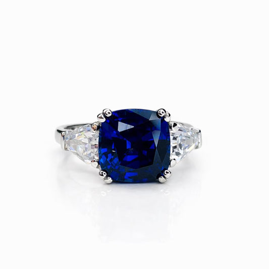 Cushion Cut Blue Sapphire And Moissanite Engagement Ring, 14k White Gold Three Stone Ladies Cushion Cut And Trapezoid Wedding Ring   #7125