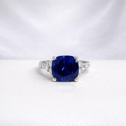 Blue Sapphire Ring 14K White Gold, September Birthstone Wedding Ring, Cushion Cut Blue Sapphire Engagement Ring, Unique Sapphire Ring